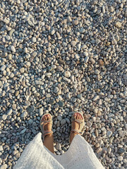 white pebbles, feet, summer, top view
