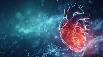 red pulsating heart with veins, anatomy of a human organ, on a blue background with bokeh