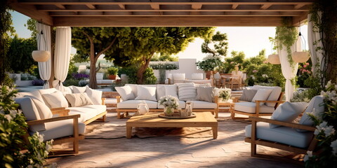 inviting outdoor lounge area with comfortable armchairs, patterned cushions, and a pergola overhead. Generative AI