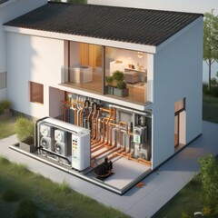 Modern house with heat pump, 3d illustration, reusable energy concept