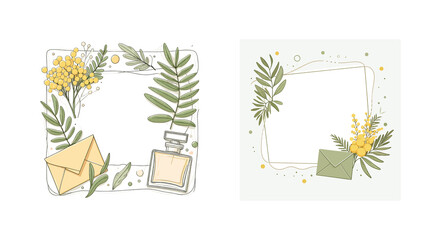 Elegant designer frames in a romantic style with branches of blooming mimosa, perfume bottles, and envelopes, executed in a vector style, with empty space for your text.