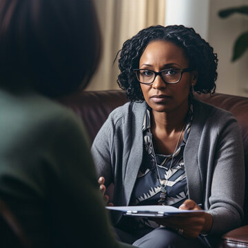 African American Black Female Therapist Woman Active Listening To Her Client, Full Of Empathy, Understanding And Attention. 