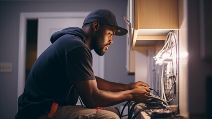 Electrician working on wiring of residential building suitable for service industry and vocational training promotion