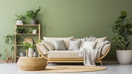 Scandinavian Serenity: Rattan Sofa with Light Green Cushions, Wicker Basket, and Large Plants Against a Green Wall with Shelf - Modern Living Room Interior Design