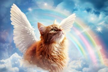 Cat with angel wings and rainbow in heaven  - obrazy, fototapety, plakaty