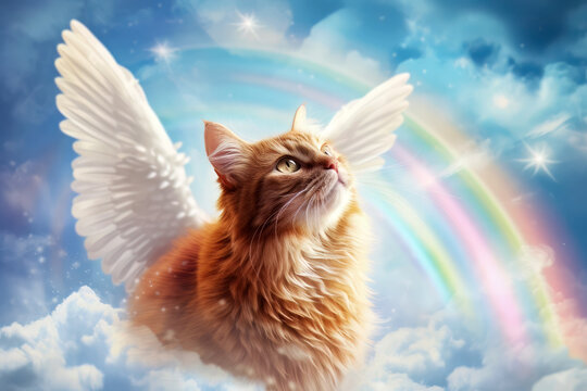 Cat with angel wings and rainbow in heaven 