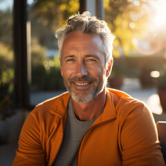 Middle aged mature man, happy, smiling, good looking, confident, full of life and power, compelling visual for Testosterone Replacement Therapies (TRT)