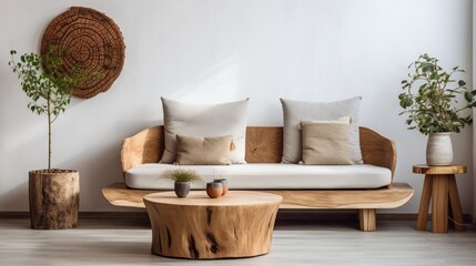 Round rustic loveseat sofa and stump side table near wall with beautiful and unique wooden cut decor. Interior design of modern scandinavian living room - obrazy, fototapety, plakaty