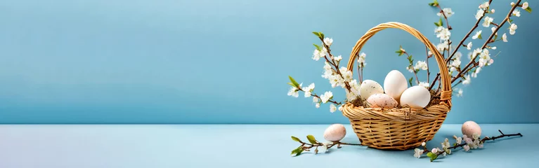 Foto op Plexiglas Osterkorb mit Eiern und Kirschblüten, Weidekätzchen isoliert vor blauem Hintergrund © Sina Ettmer
