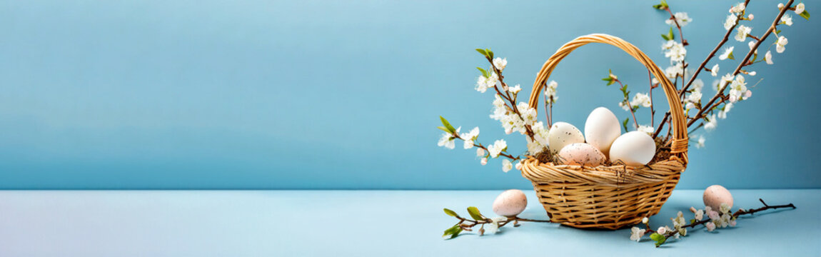 Osterkorb mit Eiern und Kirschblüten, Weidekätzchen isoliert vor blauem Hintergrund
