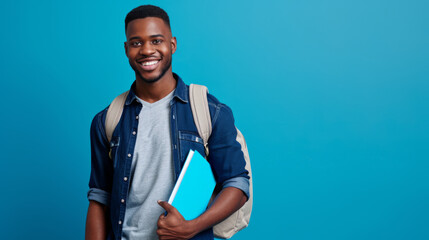 young man with a friendly smile, wearing a denim shirt over a gray tee and carrying a backpack over one shoulder, holding books in front of a solid blue background - obrazy, fototapety, plakaty