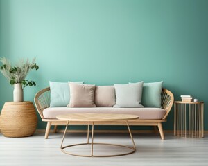 Round wood coffee table near wicker sofa with mint cushions against turquoise wall with copy space. Scandinavian home interior design of modern living room