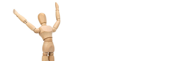 Wooden figure of a man isolated on white background banner with copy space. Wooden mannequin posing.