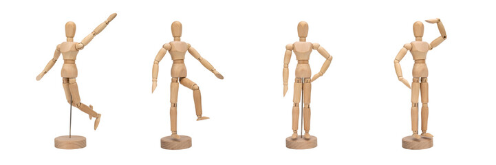 Set of wooden figure of a man isolated on white background banner with copy space. Wooden mannequin posing.