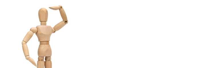 Wooden figure of a man isolated on white background banner with copy space. Wooden mannequin posing.