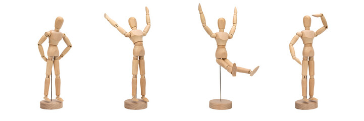 Set of wooden figure of a man isolated on white background banner with copy space. Wooden mannequin posing.