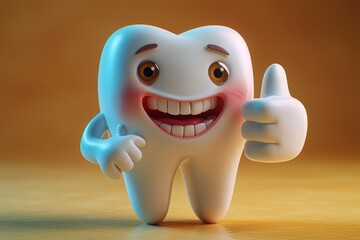 A funny animated tooth shows a cool gesture on an orange background. 3d animation