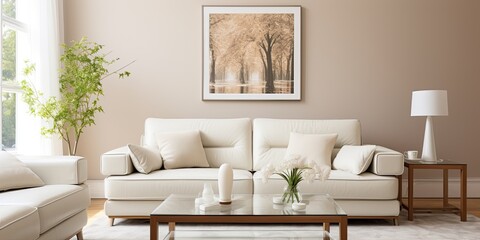 A living room with a white color scheme, featuring a sofa in taupe leather and a glass table.