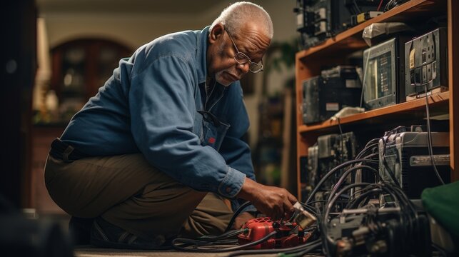 Senior technician troubleshooting electrical equipment in a workshop