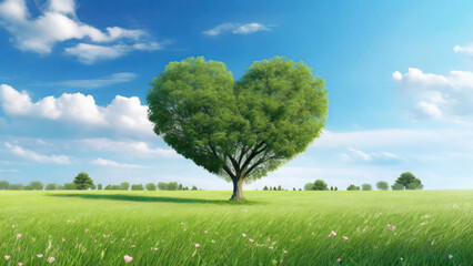 Fototapeta na wymiar Heart-shaped tree in the middle of a meadow for Valentine's Day