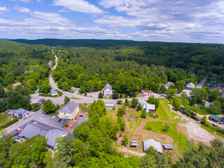 Brookline historic town center aerial view including town hall and Community Church on Main Street in town of Brookline, New Hampshire NH, USA. 