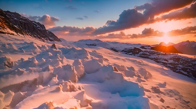 sorgere del sole tra le montagne innevate, neve rosata scaldata dal sole, nuvole e atmosfera rilassata e calma