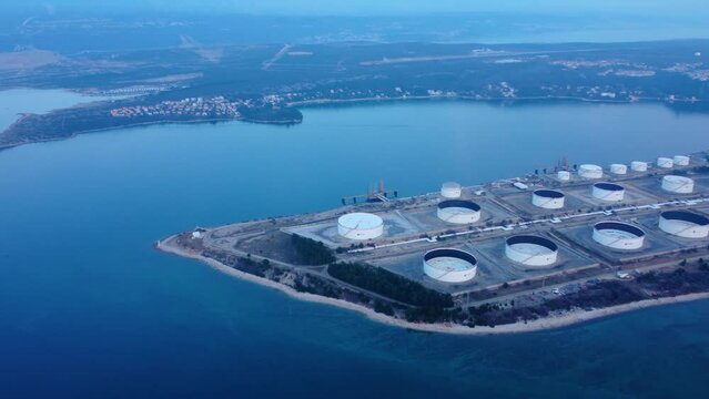 Omi&scaron;alj, fuel storage tank, aeral view, Krk island, Croatia