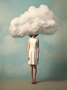 corpo di donna con abito bianco , viso coperto da grande nuvola che si muove, concetto di difficoltà e pensieri, confusione, immagine surreale, sfondo azzurro stile cielo