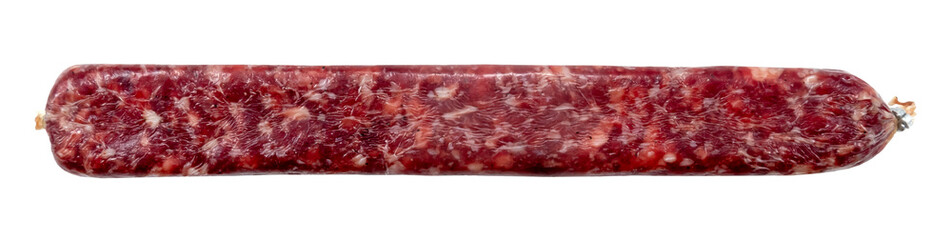 Dry smoked sausage on a white background. Meat delicacy. Sausage