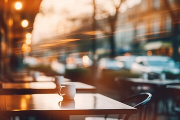 Unfocused cafes and buildings. Natural bokeh of city centre view, blurred out of focus background. Silhouettes of people and the warm glow of street lights, reflecting off cafe tables.