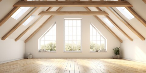 Contemporary light house with empty attic room featuring wooden beams and white walls.