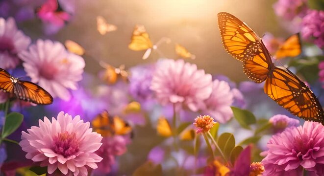 concetto bucolico di primavera, fiori e farfalle su sfondo di prato con raggi di luce calda del sole