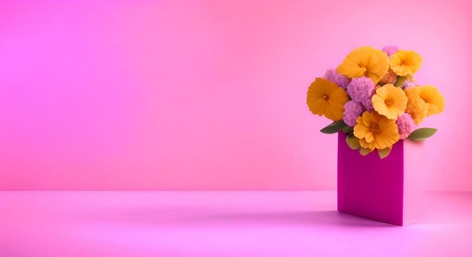 borsa rosa di pelle contenente fiori animati su sfondo rora, la borsa si trasforma in un pacchetto fucsia, spazio per testo, arrivo della primavera, utile per promozioni e sconti