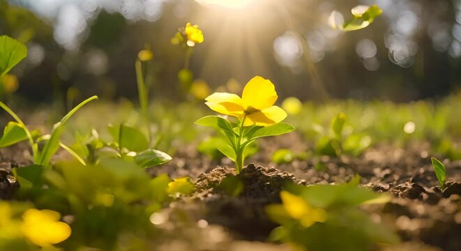 germoglio di primula nel terreno irradiato dai raggi del sole, arrivo della primavera