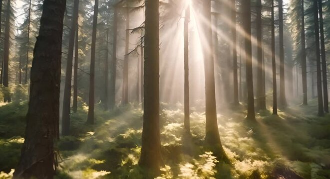 raggi sdi sole che penetrano nella foresta, leggera nebbiolina data dall'umidit&agrave;, sfondo mistico della natura, 