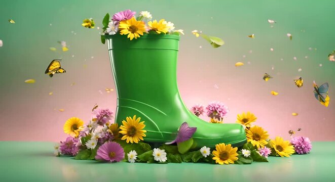 animazione 3d di stivali da pioggia verdi che si muovono  con fiori e farfalle che volano su sfondo rosa e verde, gradiente , concetto di arrivo della primavera,  ideale per inserire offerte e sconti 