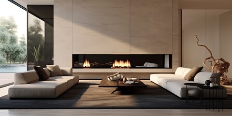 Contemporary living space featuring a fireplace and mirrors.