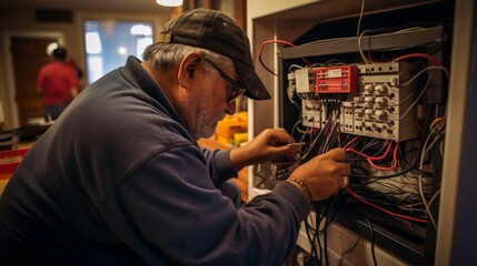 Naklejka premium Electrician working on a circuit panel in a building