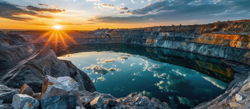 Coal mining industry creates open coal pits with a lake reflecting coal surroundings and sunset.