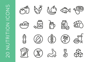 20 black line icons representing various nutrition elements and healthy foods on a white background for web,mobile, promotional materials, SMM. Vector illustration