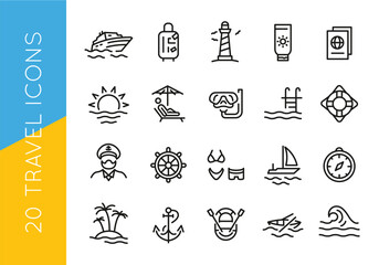 Travel, nautical, icons, beach, cruise, luggage, lighthouse, drink, passport, sun, umbrella, diving, pool.Vector illustration
