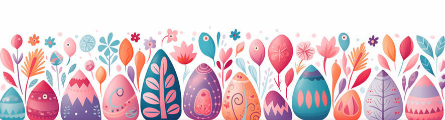 Fototapeta na wymiar Vibrant, illustrated Easter banner with flowers and eggs, delightful boho illustration, artistic doodle. Panoramic web header. Wide screen wallpaper