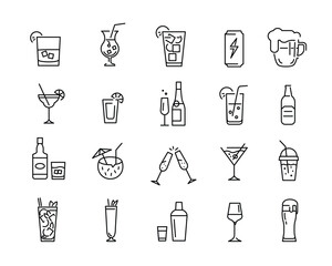beverages, cocktails, alcohol, drink, beer, wine, cocktail, juice, soda, champagne, liquor, spirits icon set. Vector illustration - obrazy, fototapety, plakaty