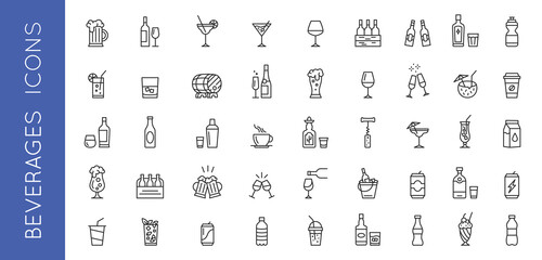 beverages, drinks, alcohol, coffee, water, beer, wine, milk, tea, cocktail icon set. Vector illustration