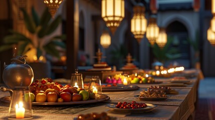 A traditional Ramadan iftar setting, with a long table adorned with dates and fruits, an empty podium ready for messages of gratitude, and the soft light of lanterns.