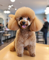 Cute beige Poodle in grooming center standing on the table
