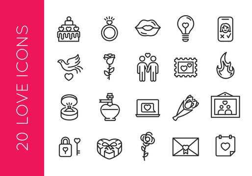 Love and romance icons set.Valentines day simple line icons collection for web, dating app, social media and promotional materials. vector illustration. Editable stroke