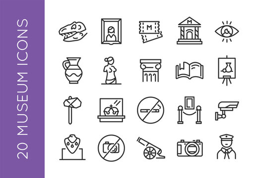 Museum, exhibition icons  Exposition or art gallery, culture center simple line icons on white background for mobile app, web, promotional and SMM. Editable stroke. Vector illustraton.