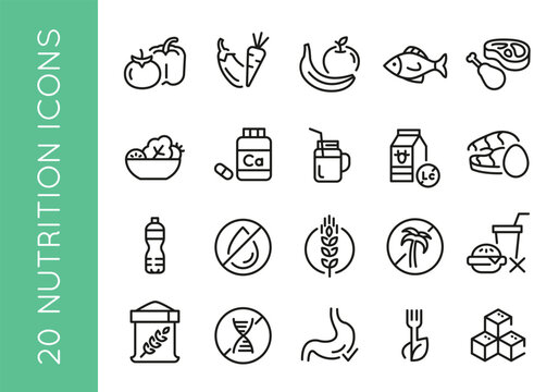 20 black line icons representing various nutrition elements and healthy foods on a white background for web,mobile, promotional materials, SMM. Vector illustration