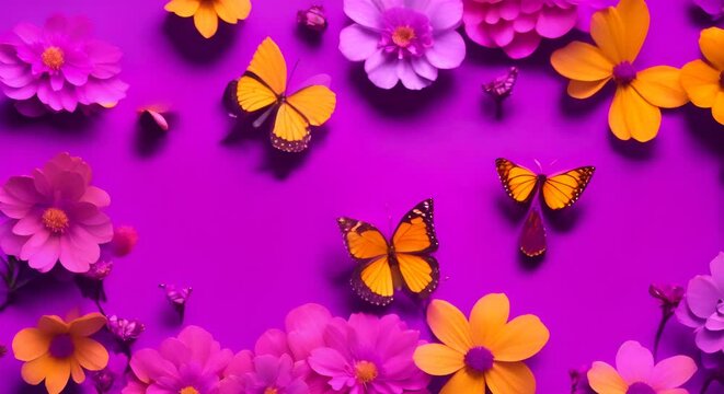 Video di sfondo primaverile con fiori e farfalle 3D, atmosfera gioiosa e serena,
